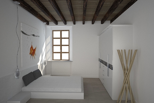 Camera da letto con pavimenti e soffitti in legno con travi a vista